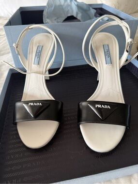 Prada Black and White Logo Ankle-Strap Sandals